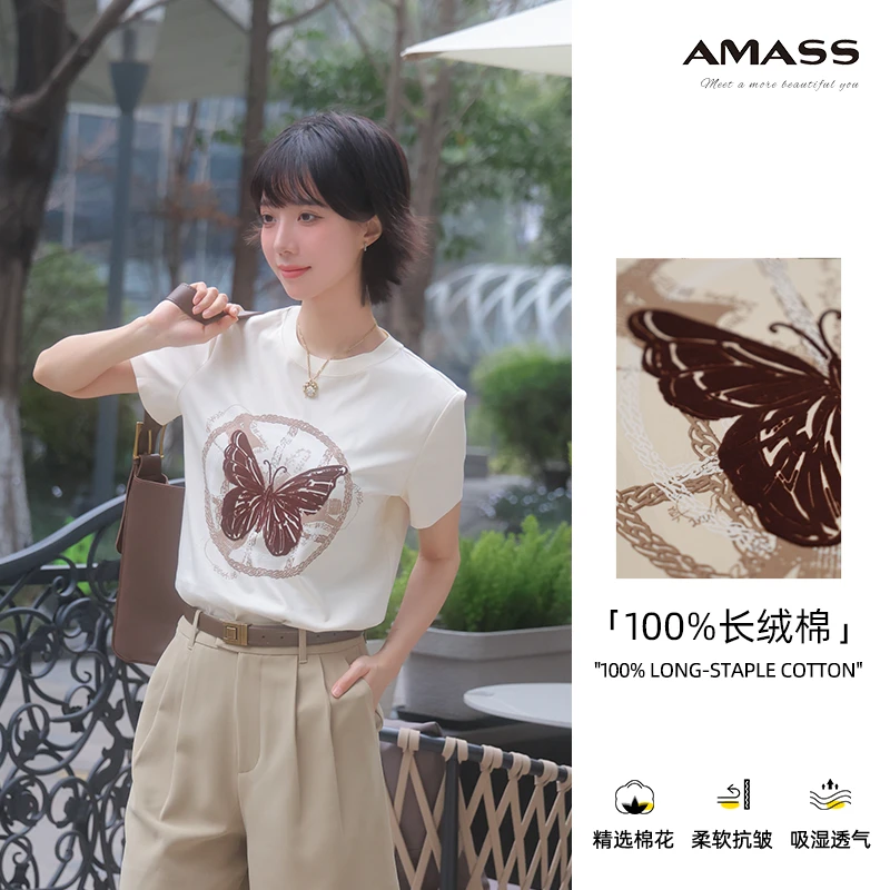 AMASS/阿玛施夏季新款百搭休闲宽松圆领蝴蝶印花短袖T恤530082