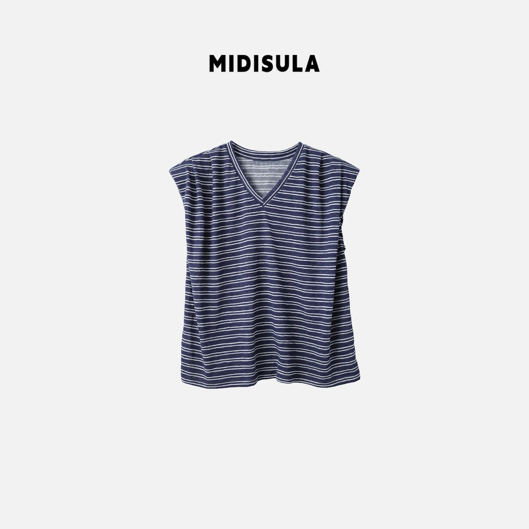MDSL·韩版做旧简约通勤V领常规短袖条纹T恤夏季修身舒适短袖#0674