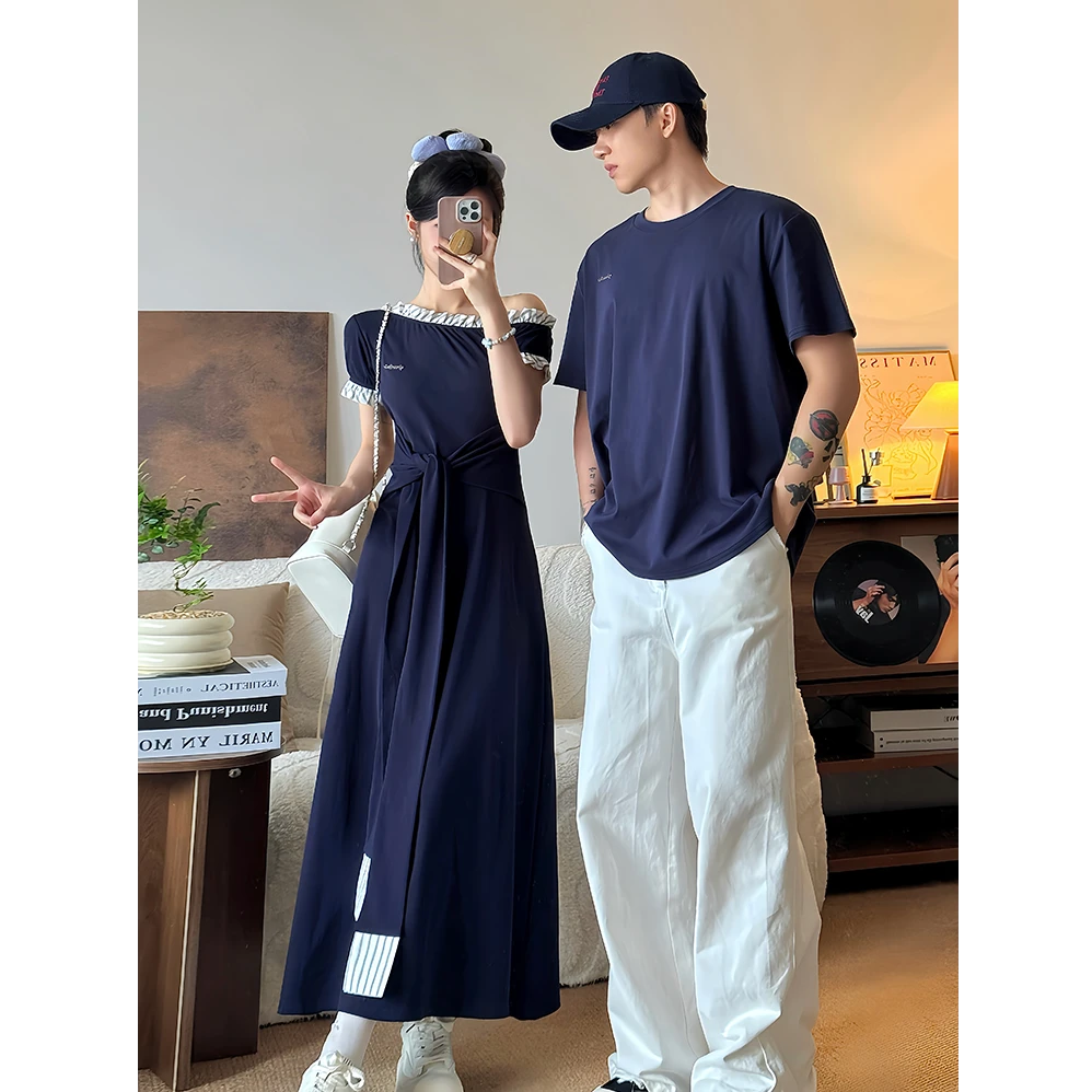 小众设计情侣装夏2025韩版短袖T恤显瘦女连衣裙法式一裙一衣ins潮