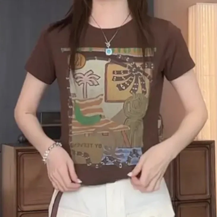 2025新款设计感夏日海边度假印花圆领时髦短袖T恤上衣女显瘦百搭