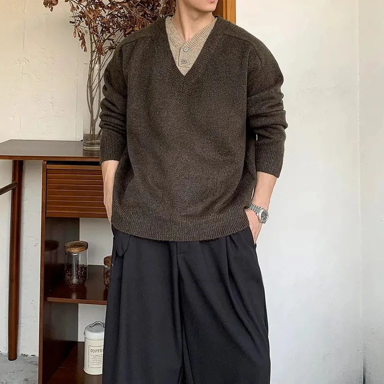 25年秋季时尚百搭假两件复古拼接V领针织衫男慵懒风高级套头毛衣