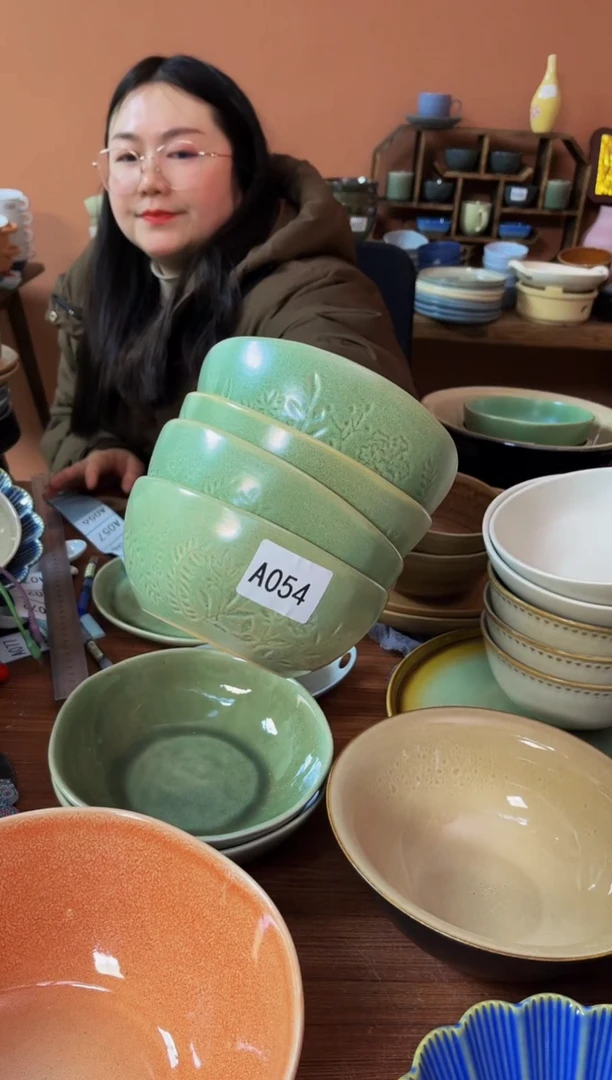 【闪购商品】碗A054  陶瓷绿色异形亚光碗四件套