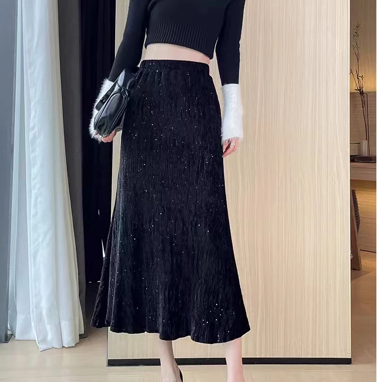 肌理感鱼尾裙女春秋高腰A字显瘦气质包臀女人味烫钻半身长裙