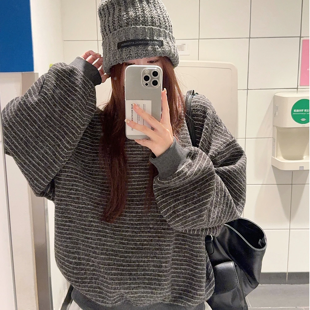 美式复古韩系连帽卫衣外套女秋季慵懒风宽松条纹撞色开衫百搭上衣