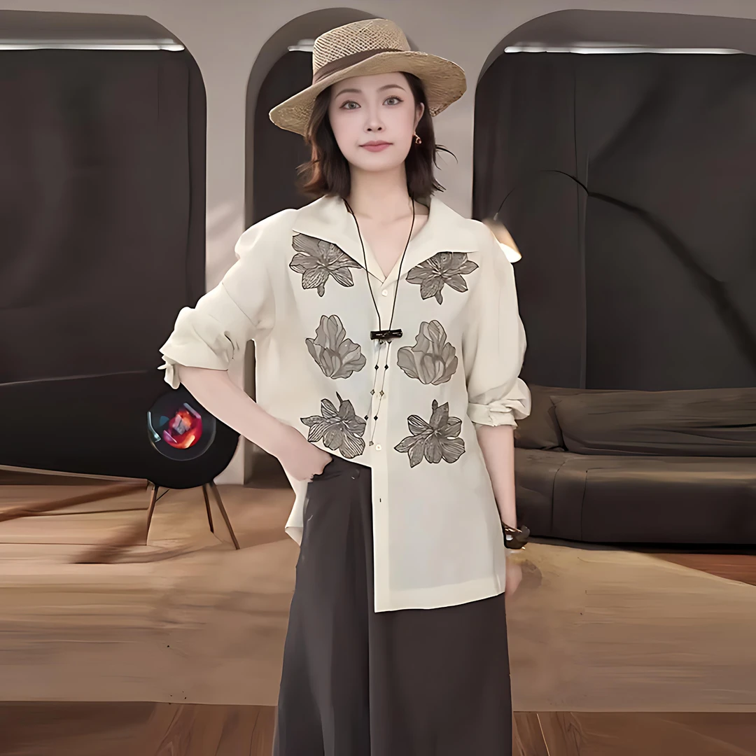 新中式女装杏色国风印花衬衫早秋设计感小众独特绝美百搭国风上衣