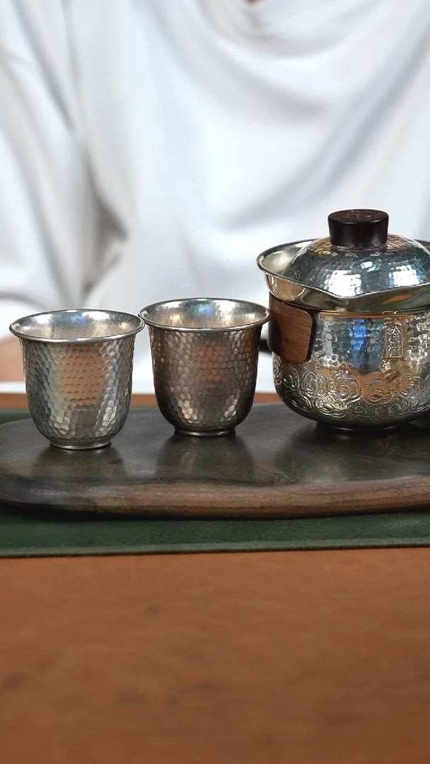 新品手工盖碗银壶+4个银杯