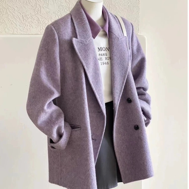 【Lala私服】秋冬款女士短款格子双面绒大衣长款纯色正肩西装领外套