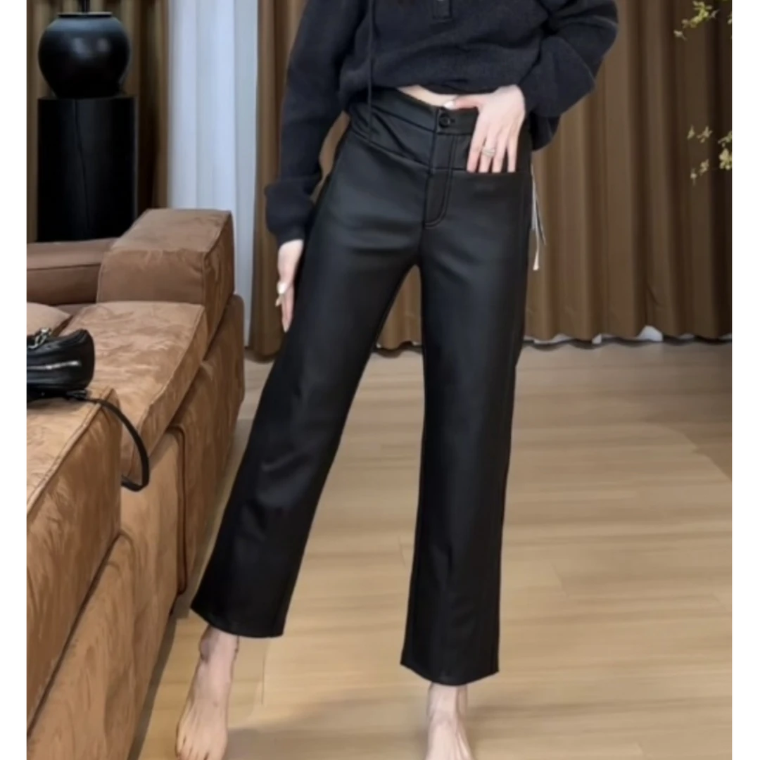 海宁正品皮裤女秋冬高腰显瘦直筒裤时尚修身休闲百搭松紧腰九分裤