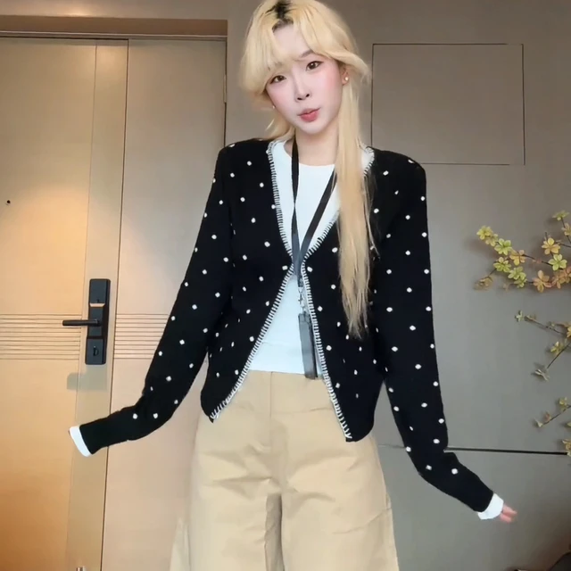 大码胖mm韩系覆古波点长袖针织开衫女秋季内搭长袖T恤上衣两件套