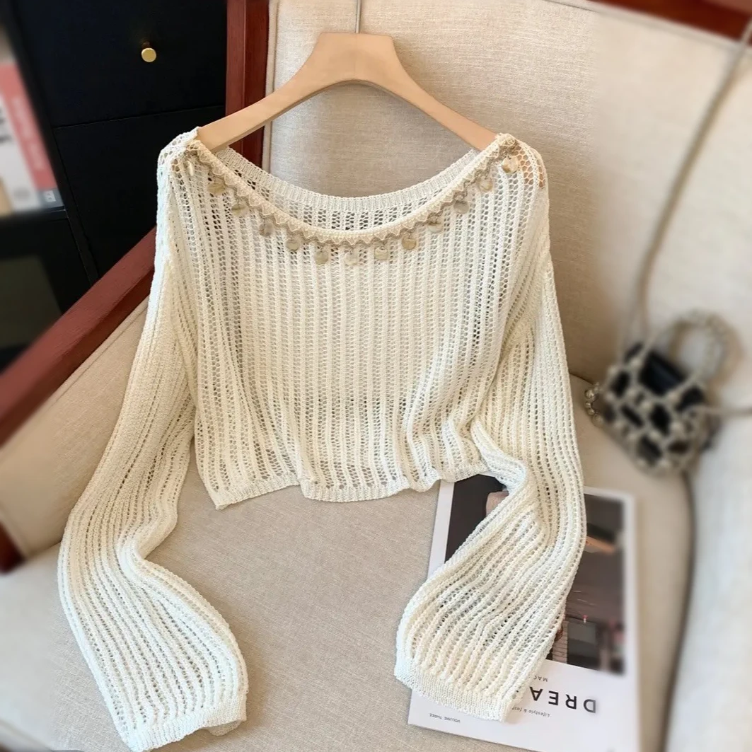 弹力镂空长袖针织衫女洋气减龄短衬衫款百搭夏季薄款宽松韩版上衣