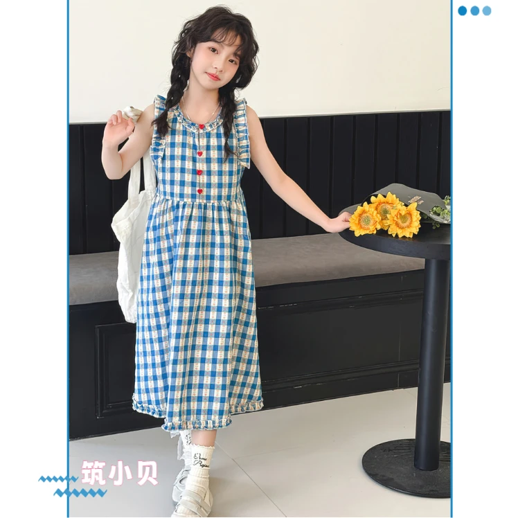 女童连衣裙夏季中大童亲子新款洋气夏装女孩韩版棉布格子公主裙子