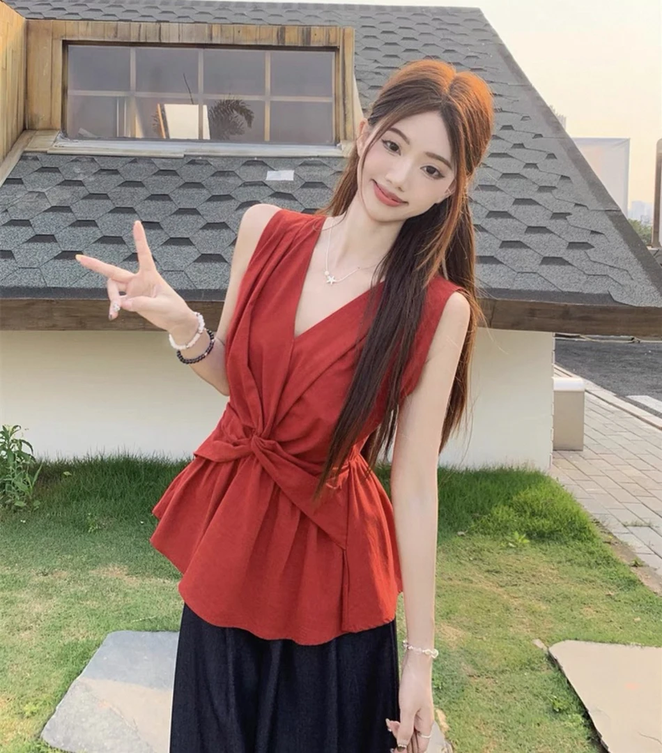 法式小众上衣新品吊带夏季外穿无袖上衣女V领扭结小衫女修身显瘦