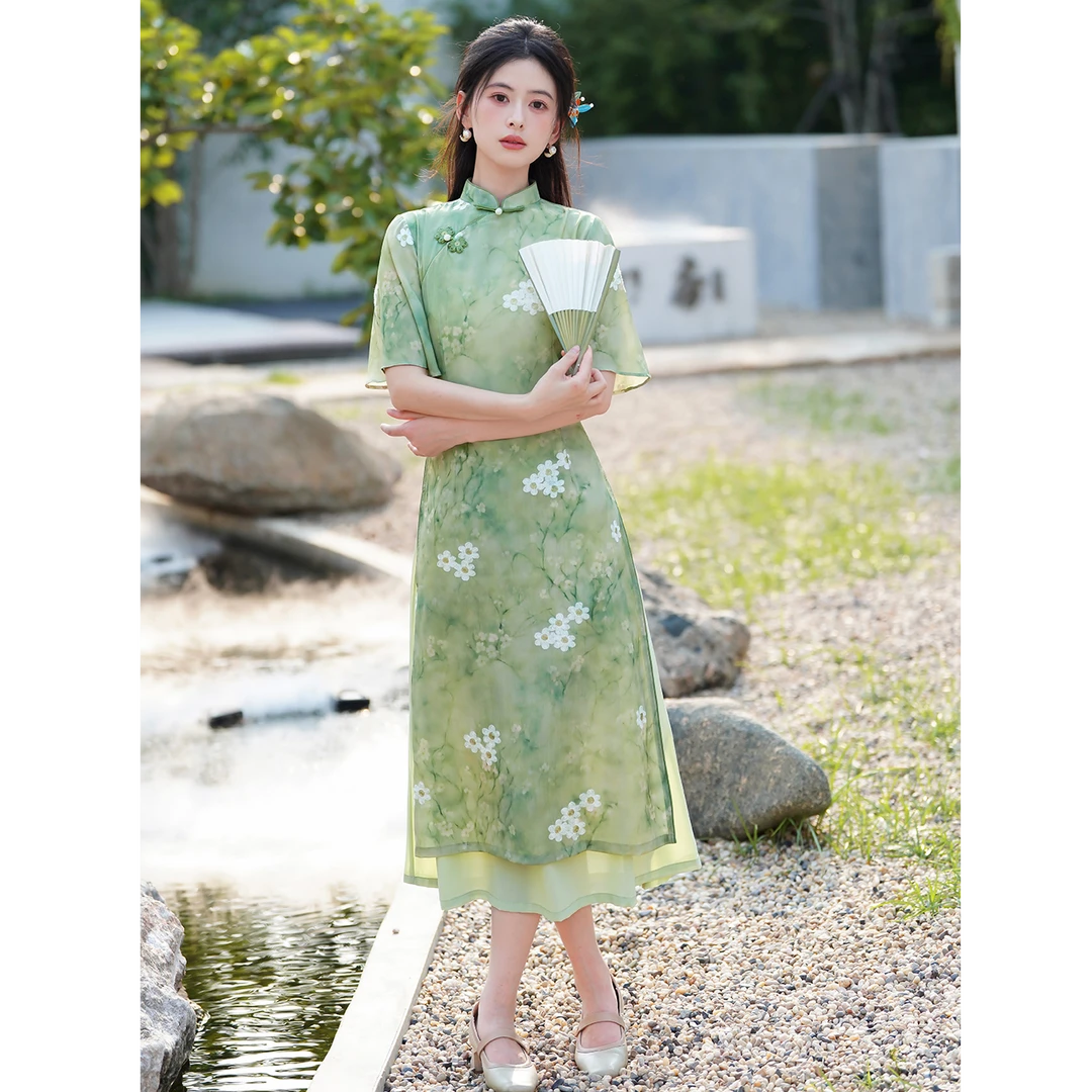 夏季短袖绿色送考改良旗袍新中式薄款复古中长款日常正宗苏州旗袍