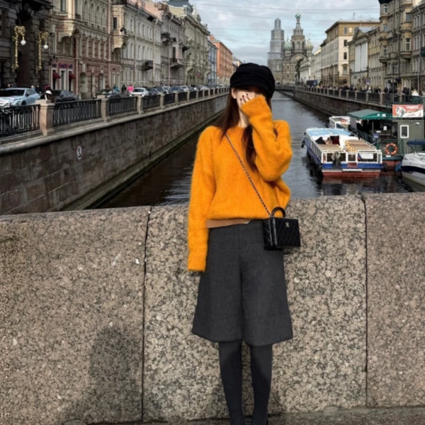 巨好看的秋季穿搭一整套韩系慵懒风灯笼袖针织毛衣裤子两件套装女