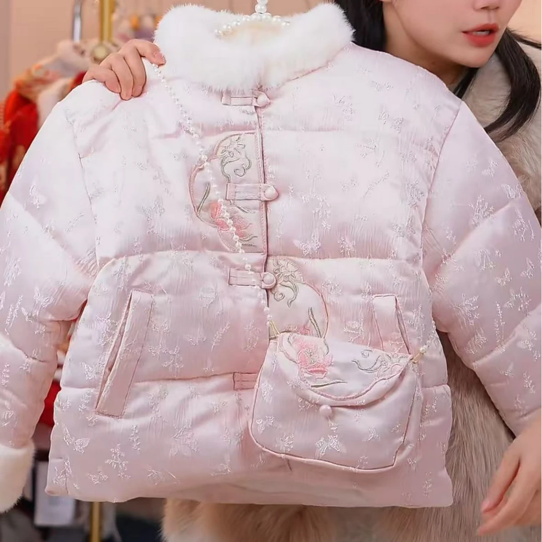 洋气【粉新中式-蝴蝶暗纹棉服外套】冬季女童加厚外套