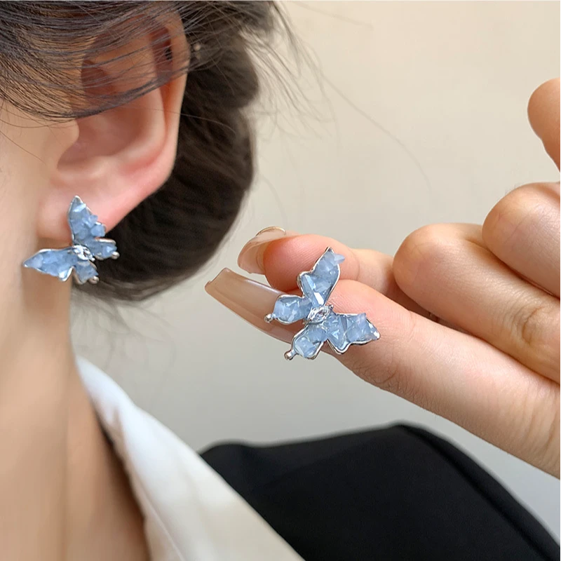 铜合金合成锆石耳饰 气质蓝色轻奢百搭复古小众精致设计感048