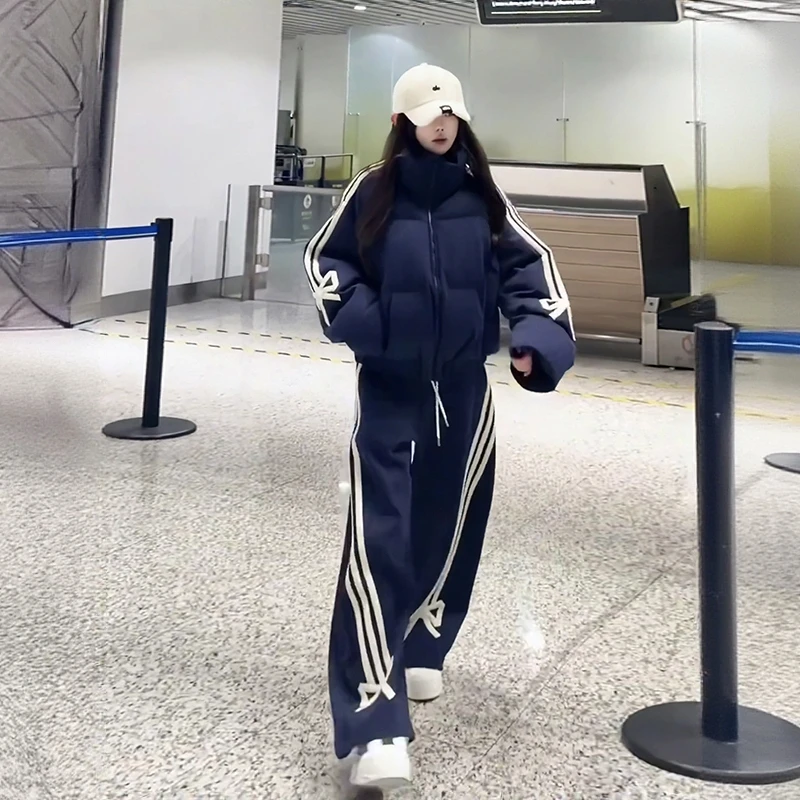 又酷又飒型套装女冬季设计感蝴蝶结运动宽松长袖外套阔腿裤两件套