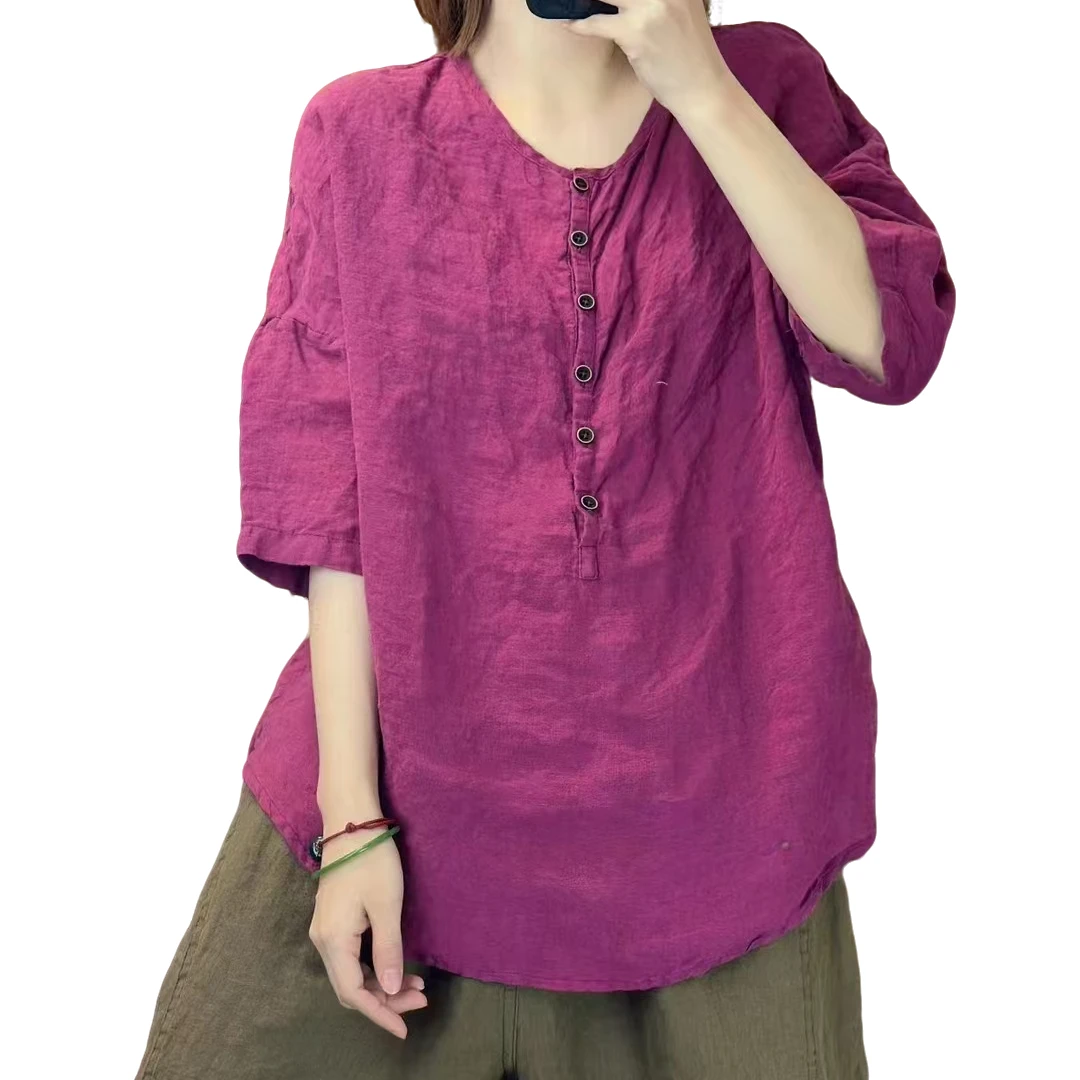 9398砂洗亚麻衬衫纯色套头宽松休闲百搭