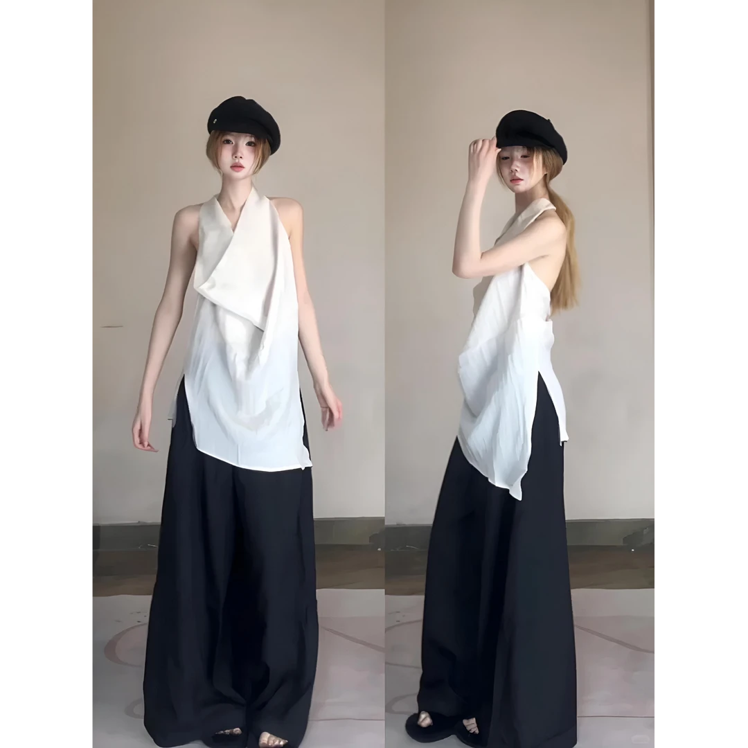 法式松弛感时尚套装女夏季2025新款荡领露背上衣高腰阔腿裤两件套