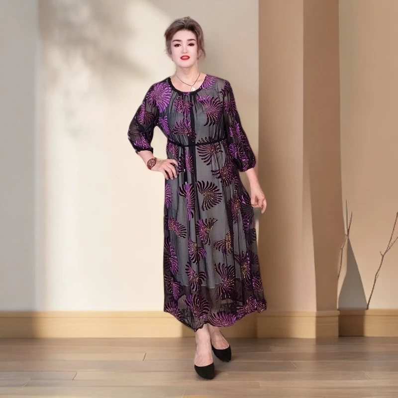 ZILAYHAN中长款轻熟风睡裙连衣裙松紧腰夏季轻职风圆领时尚