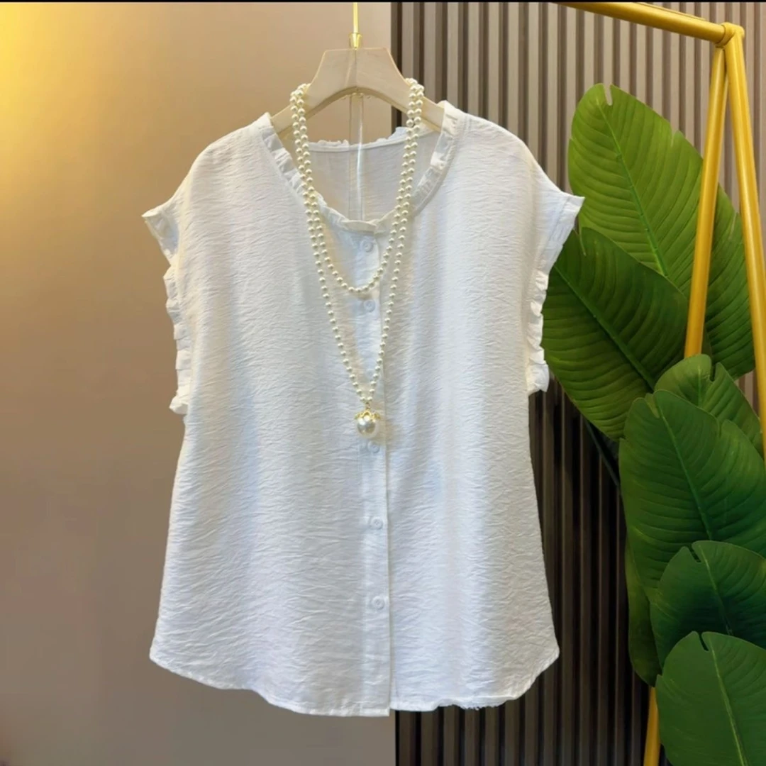 宽松洋气T恤宽松型春夏休闲风百搭荷叶圆领常规款时尚