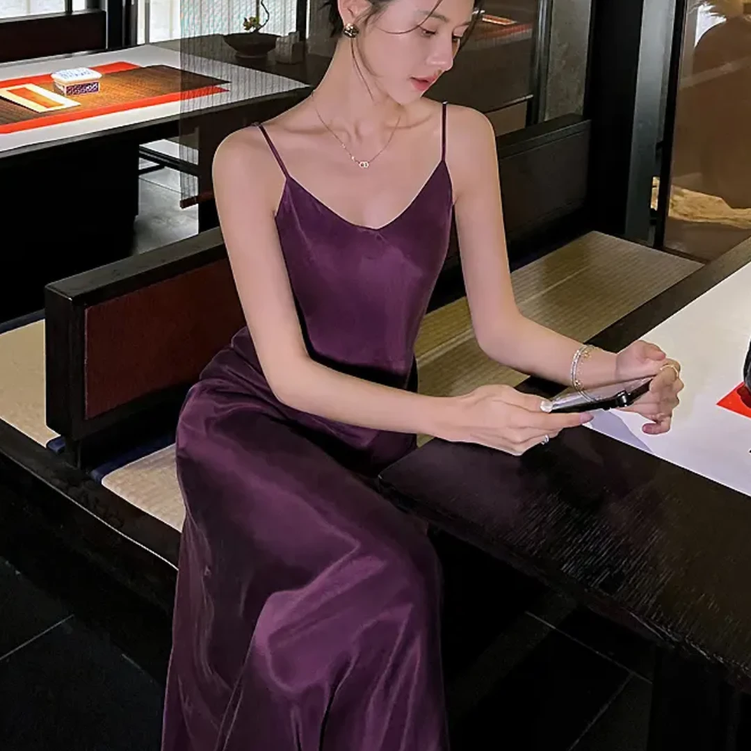 【908可调肩带】新中式缎面吊带连衣裙夏季肩带可调节垂感百搭长裙