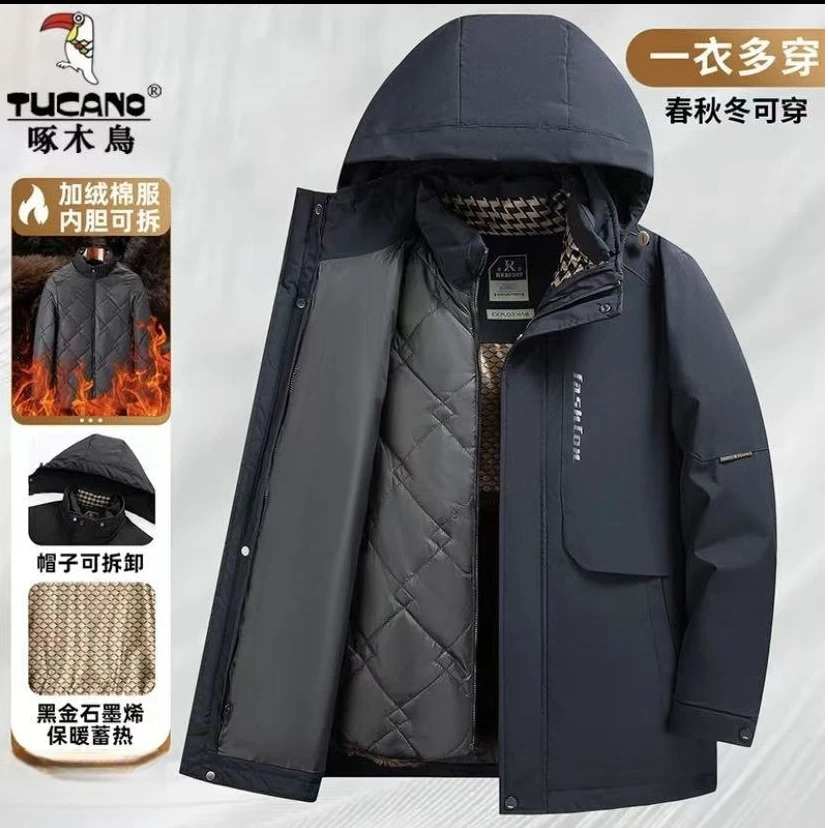 啄木鸟爸爸装冬季加绒加厚可拆卸内胆棉服2024新款中长款男士外套