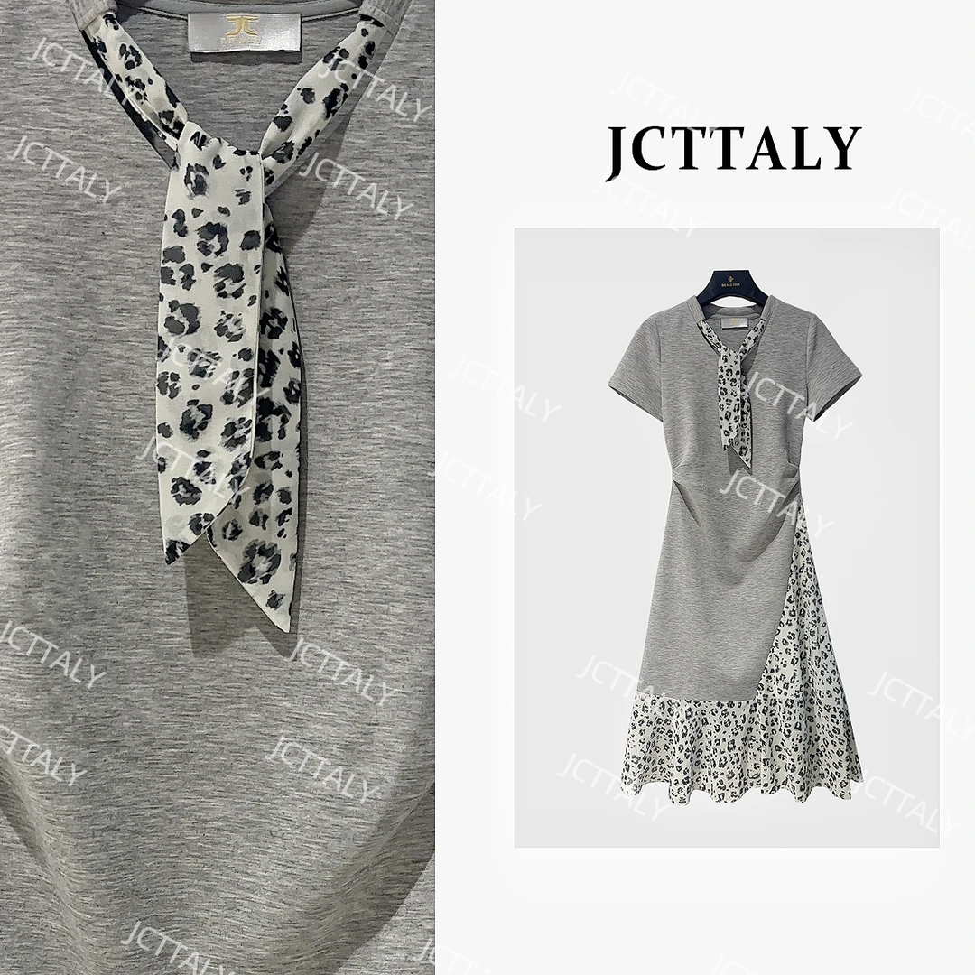 【宠粉价】轻熟时尚豹纹领带V领收腰25夏新款连衣裙JC-A4030