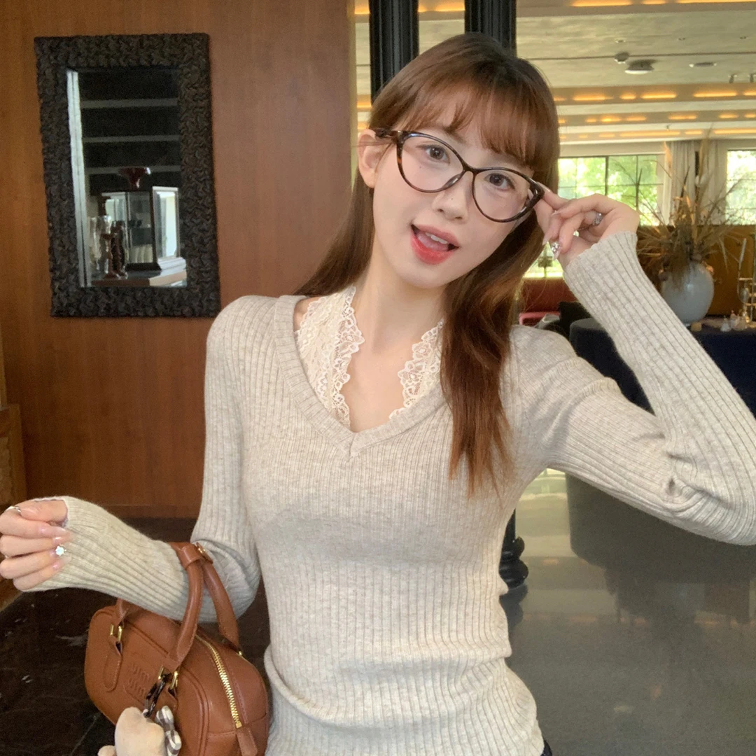 V领蕾丝针织打底衫毛衣女内搭2025新款秋冬韩系假两件上衣