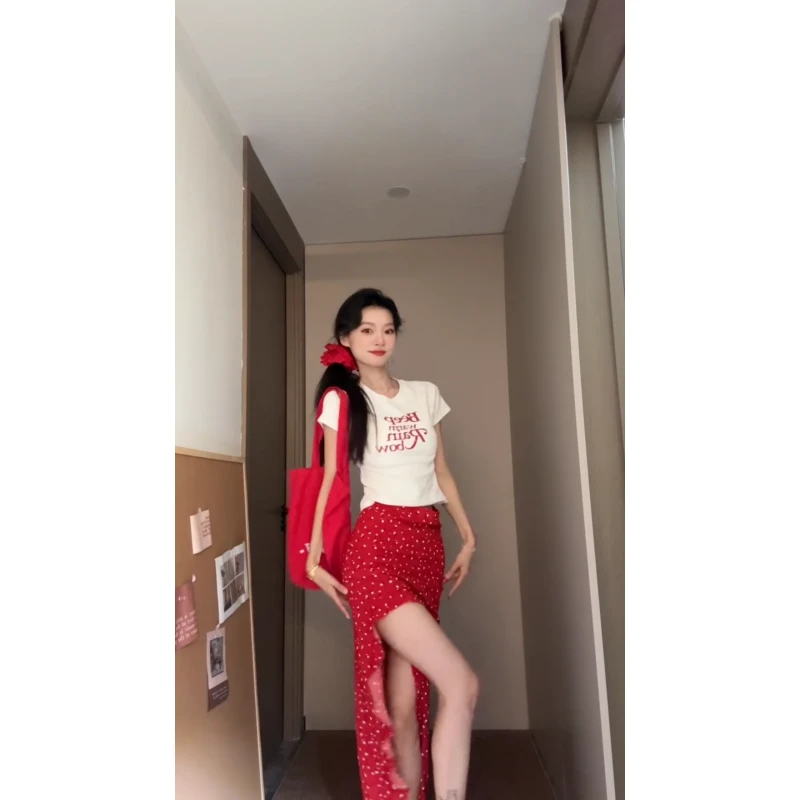 INS CEC美式时髦复古字母白色短袖t恤高腰显瘦开叉a字长裙套装