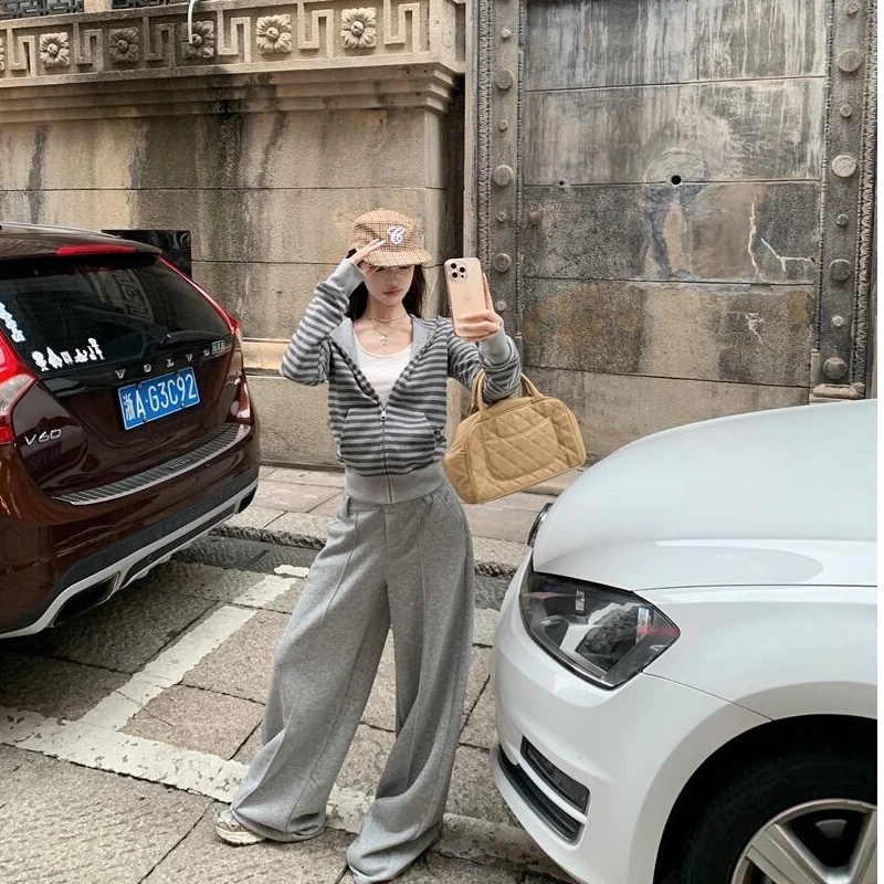 休闲韩式显瘦慵懒风连帽条纹长袖外套女秋季宽松休闲裤长裤两件套