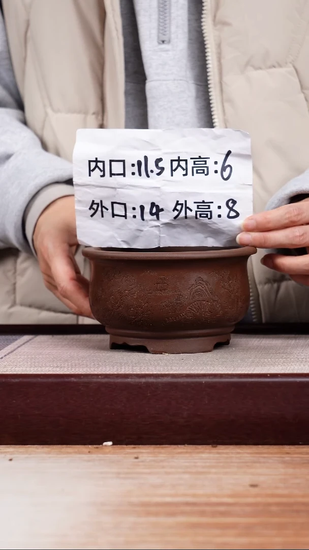 紫砂花盆紫泥刻绘猫咪迷你矮圆盆一只无托