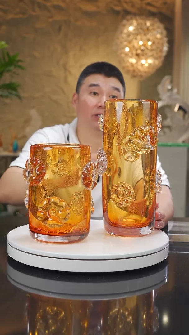 琉璃手工艺品福利设计款琥珀花瓶一对