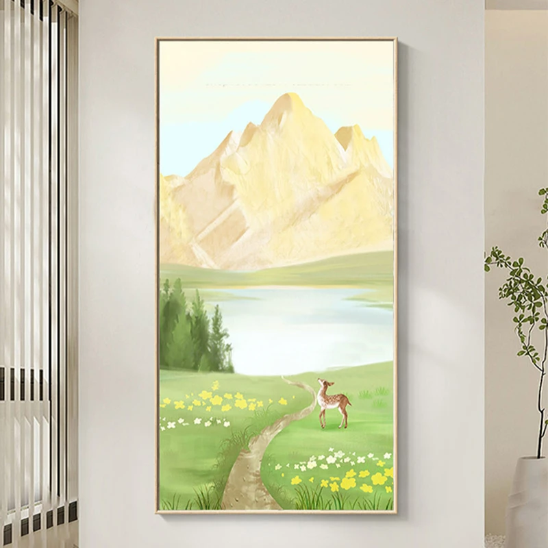 日照金山挂画北欧奶油风治愈风景入户玄关装饰画侘寂风现代风麋鹿