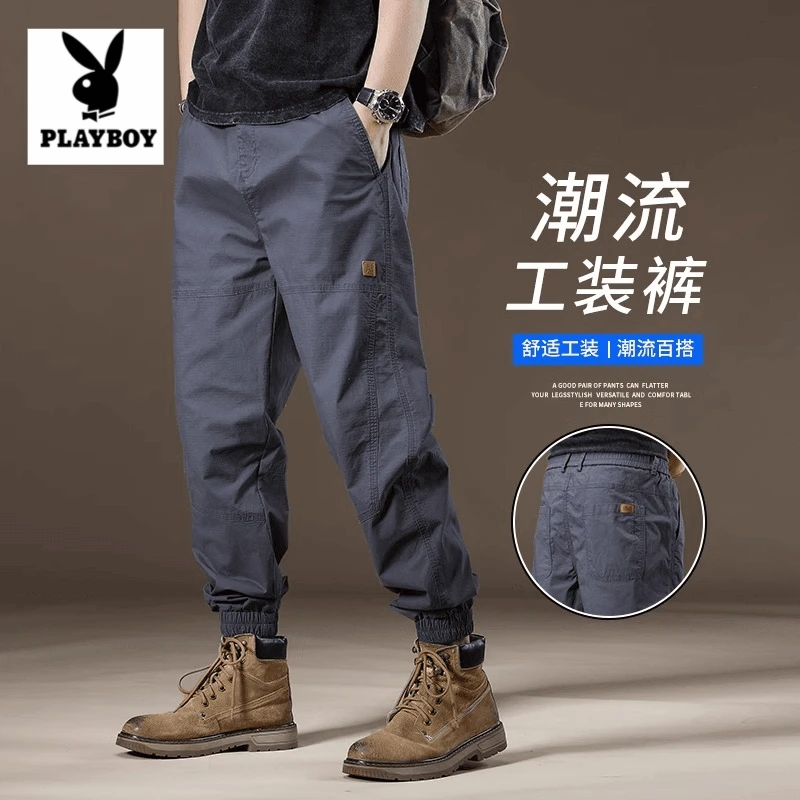 花花公子夏季薄款休闲工装裤男款美式潮牌宽松直筒束脚大码长裤男