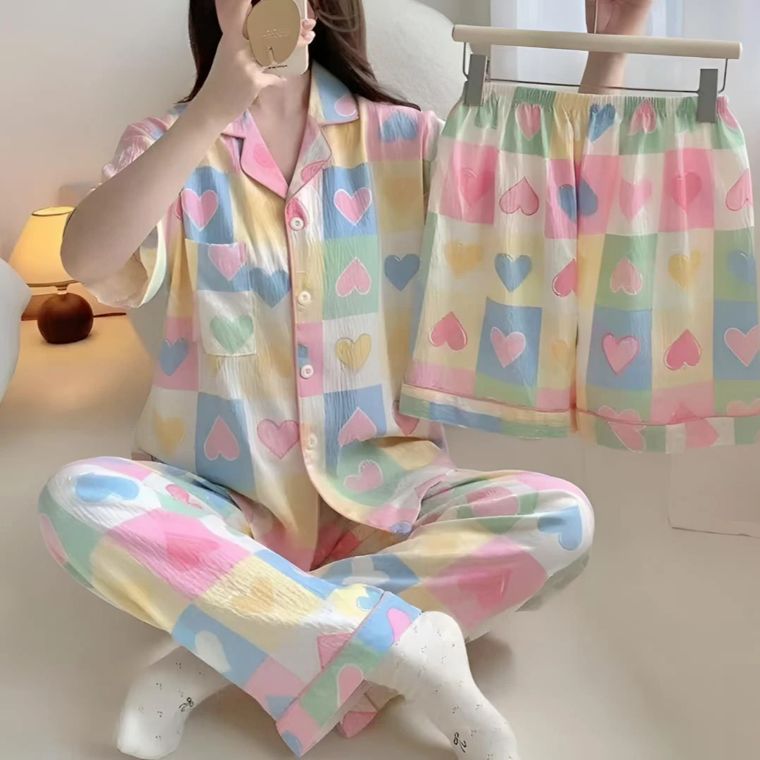 333*云朵绵三件套短袖短裤长裤可爱卡通睡衣彩色爱心家居服套装