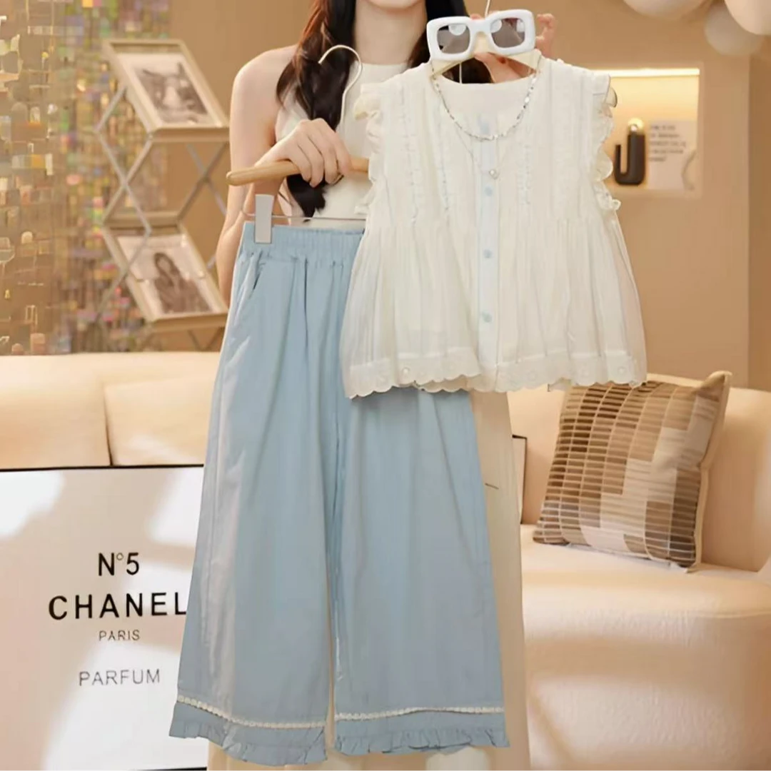 (现货)女童夏季套装2025新款韩版洋气木耳边气质上衣+休闲裤套装