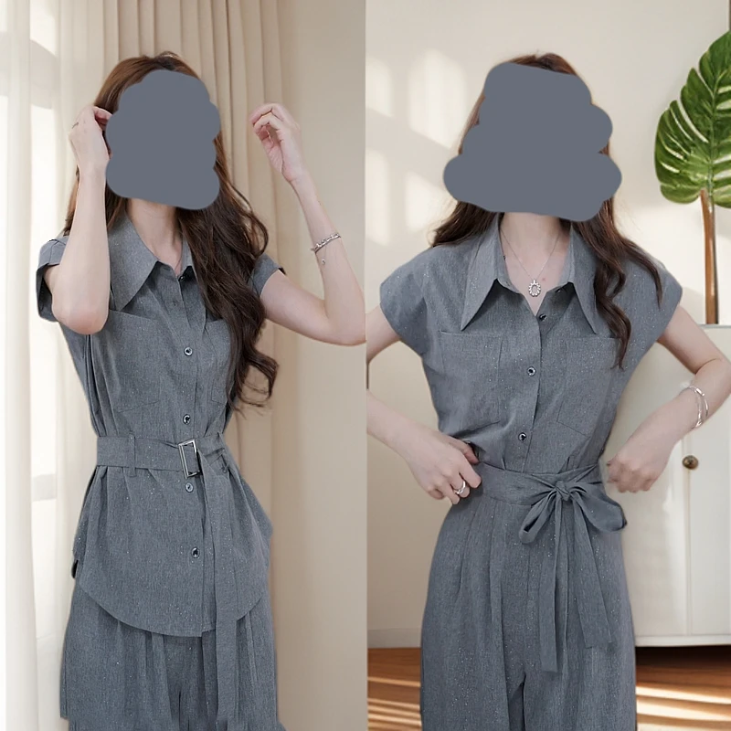 灰色套装女2025夏季新款收腰系带衬衫百搭长裤两件套