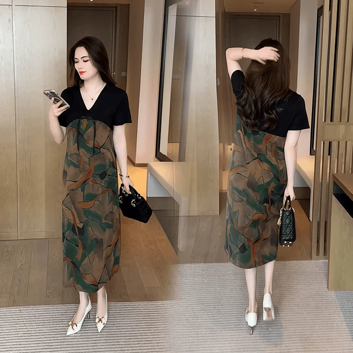 新中式洋气连衣裙女2025夏季新款宽松百搭妈妈过膝减龄中长款裙子