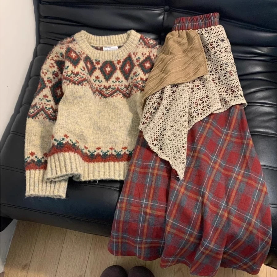 2025早秋新款韩系复古民族风小众费尔岛毛衣高腰拼接不规则半身裙