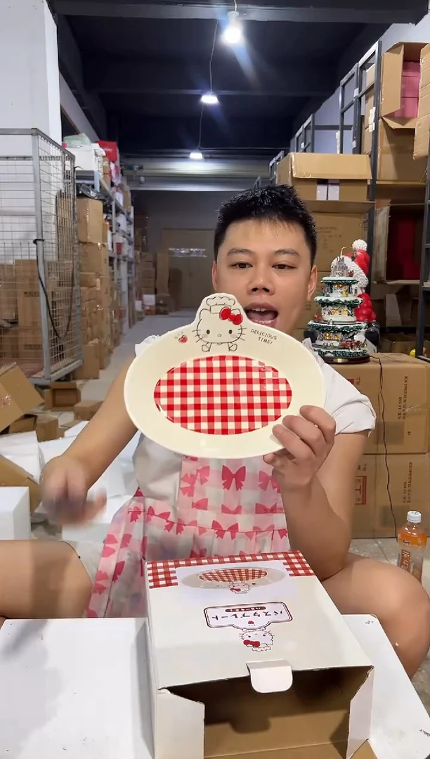 瓷片原盒kt猫红格子餐盘