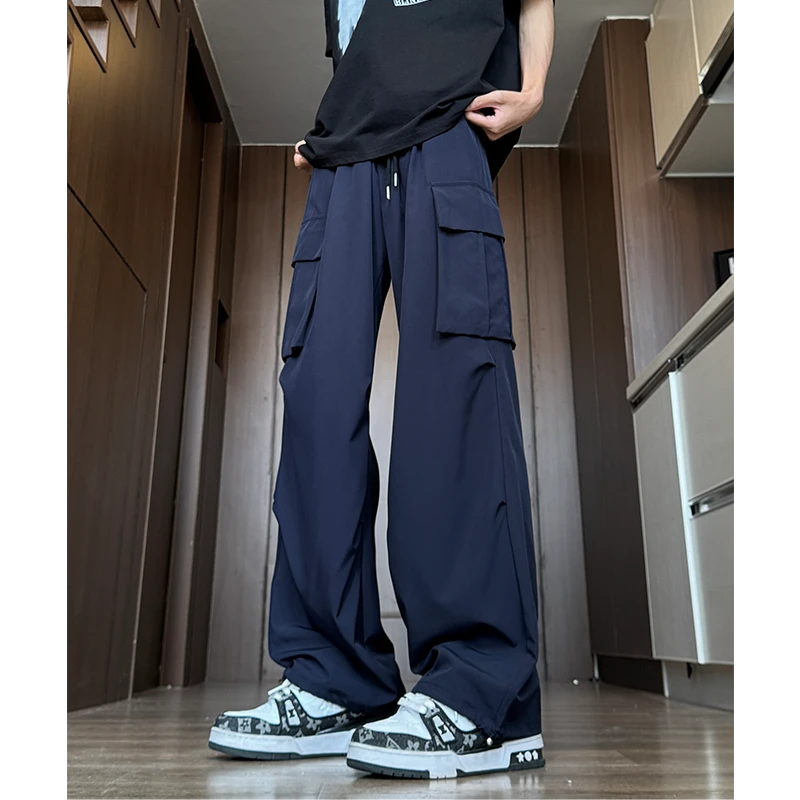 藏青色大口袋工装裤夏季冰丝垂坠感直筒宽松简约百搭cleanfit长裤