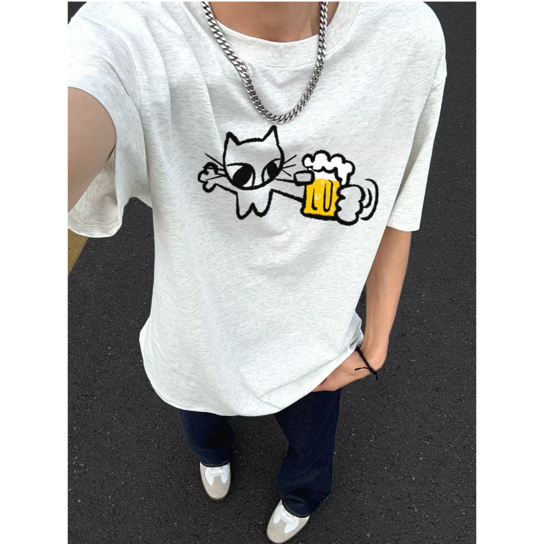 美式复古小众趣味短袖印花T恤男夏季宽松休闲“啤酒猫”圆领男生t恤