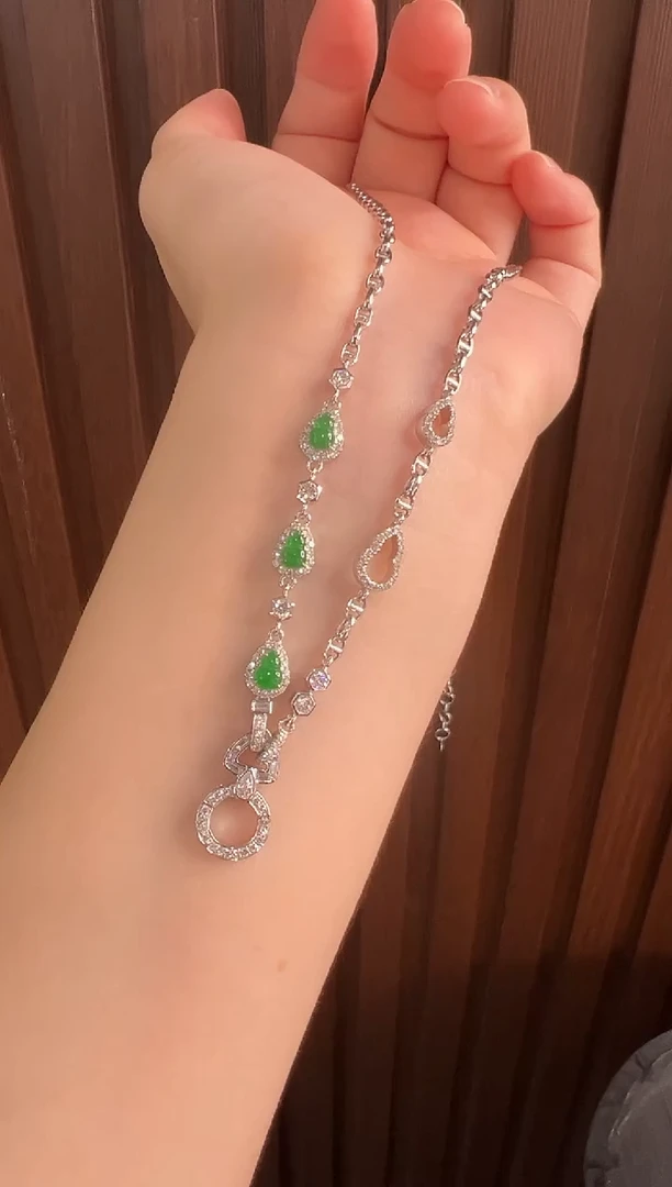 翡翠18K金镶嵌颈饰高冰正阳绿葫芦万能链