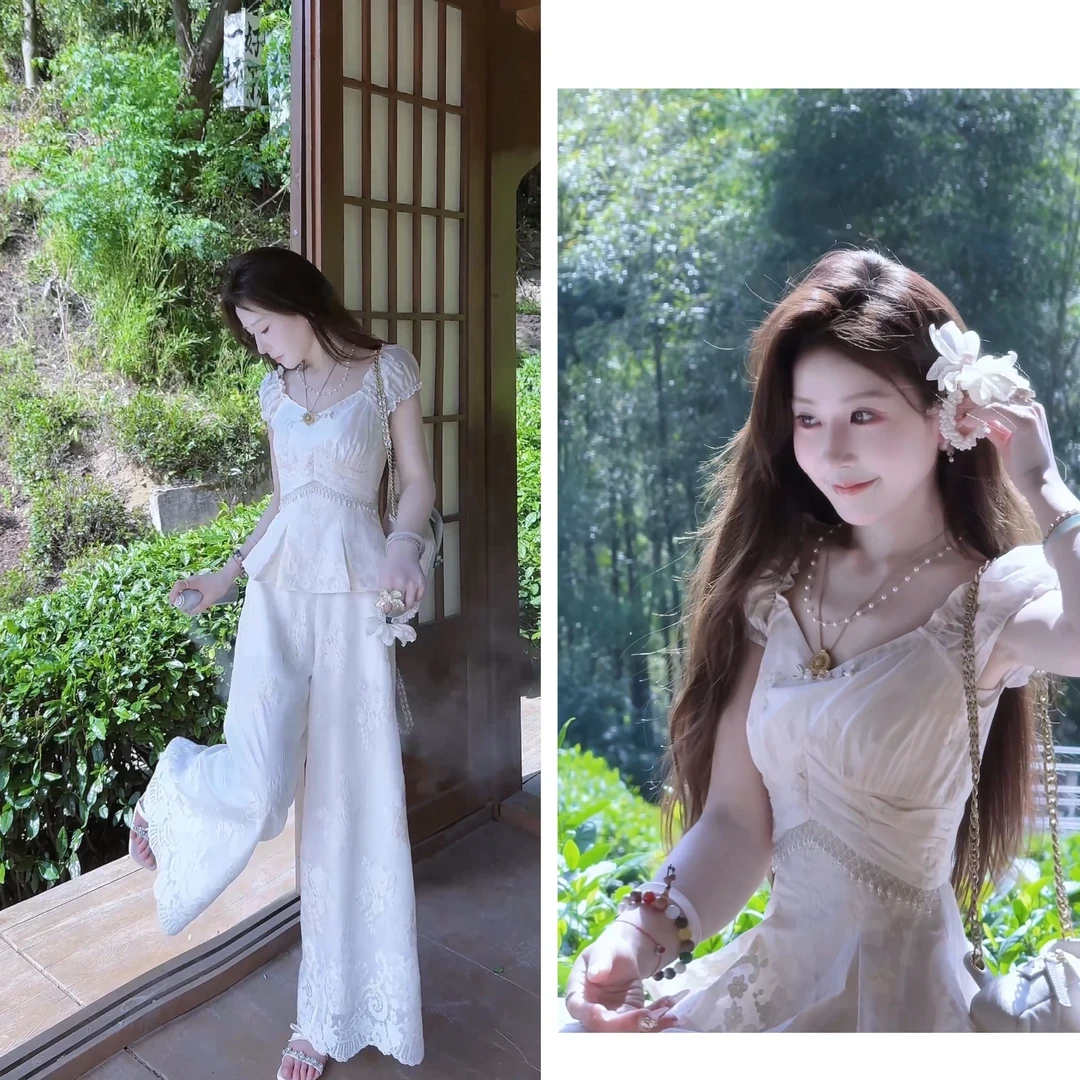 《命中注定》美到开挂！中国版城堡公主蕾丝上衣+裤子套装女小众高级