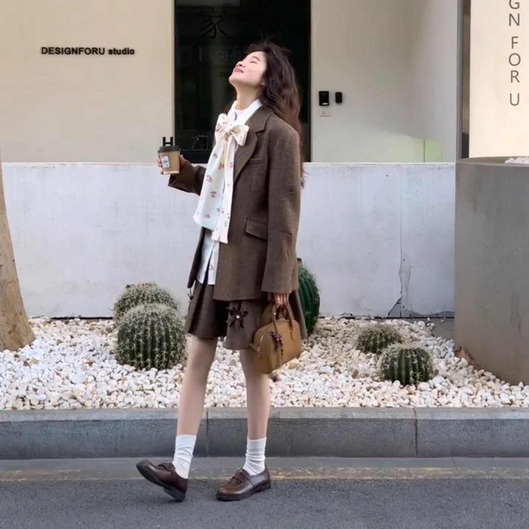 MARIE.COCO韩系学院风西装毛呢外套系带衬衫女春季百褶短裙三件套