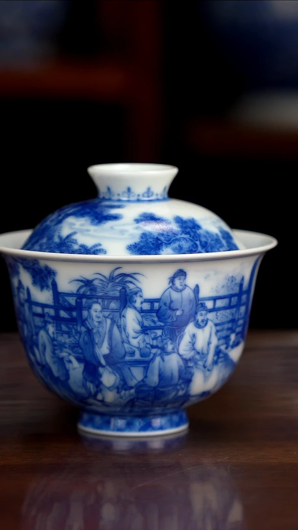 晓竹窑青花十八学士盖碗