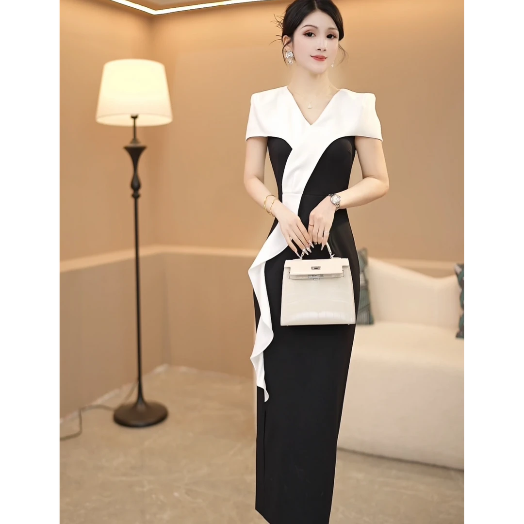 夏季名媛拼接气质显瘦轻奢法式修身收腰优雅连衣裙2633