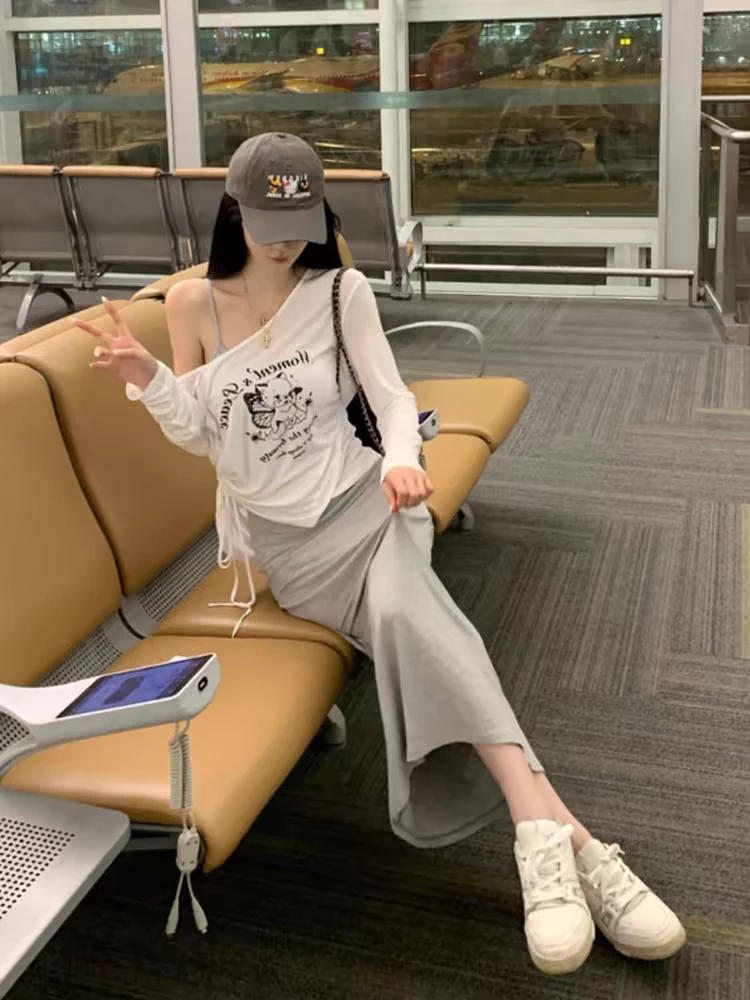 纯欲性感辣妹修身显瘦无袖吊带长裙子女宽松T恤上衣套装夏季8081