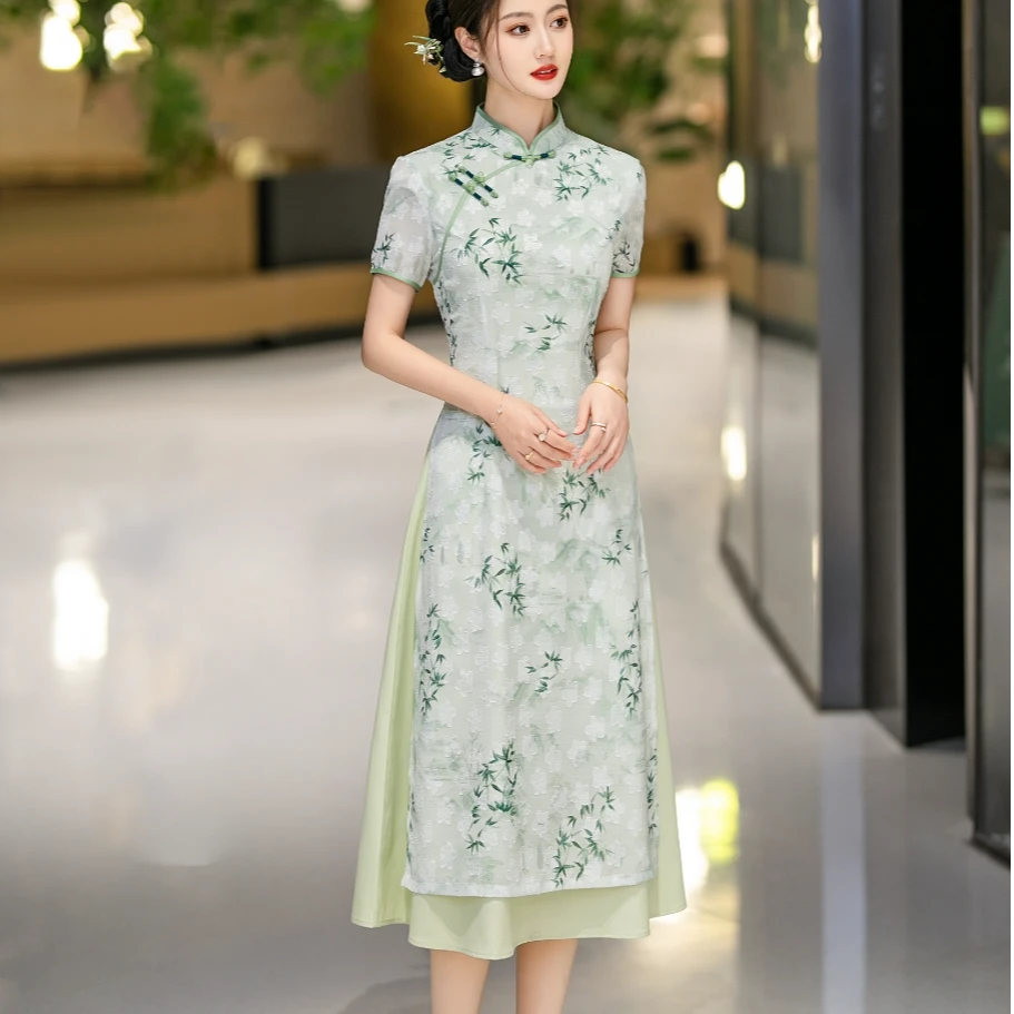 【春竹】上上喜新款复古时尚少女修身奥黛旗袍裙